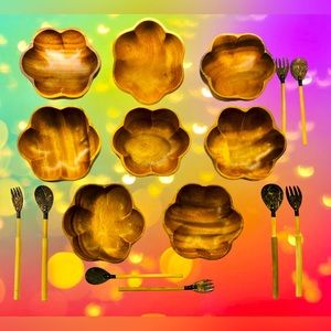 Sustainable Hawaiian Monkey Pod Wood Flower Bowls & Coconut Utensils Set